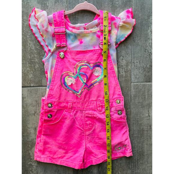 LITTLE LASS Girls 2 Piece Outfit Set Overalls Shortalls Neon Pink Tie Dye LOVE 5 - Picture 2 of 7